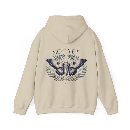 KVLR Collective The Gap unisex oversized hoodie with engraved moth and olive branch back print, NOT YET text — Drop 001 minimal Mexican streetwear