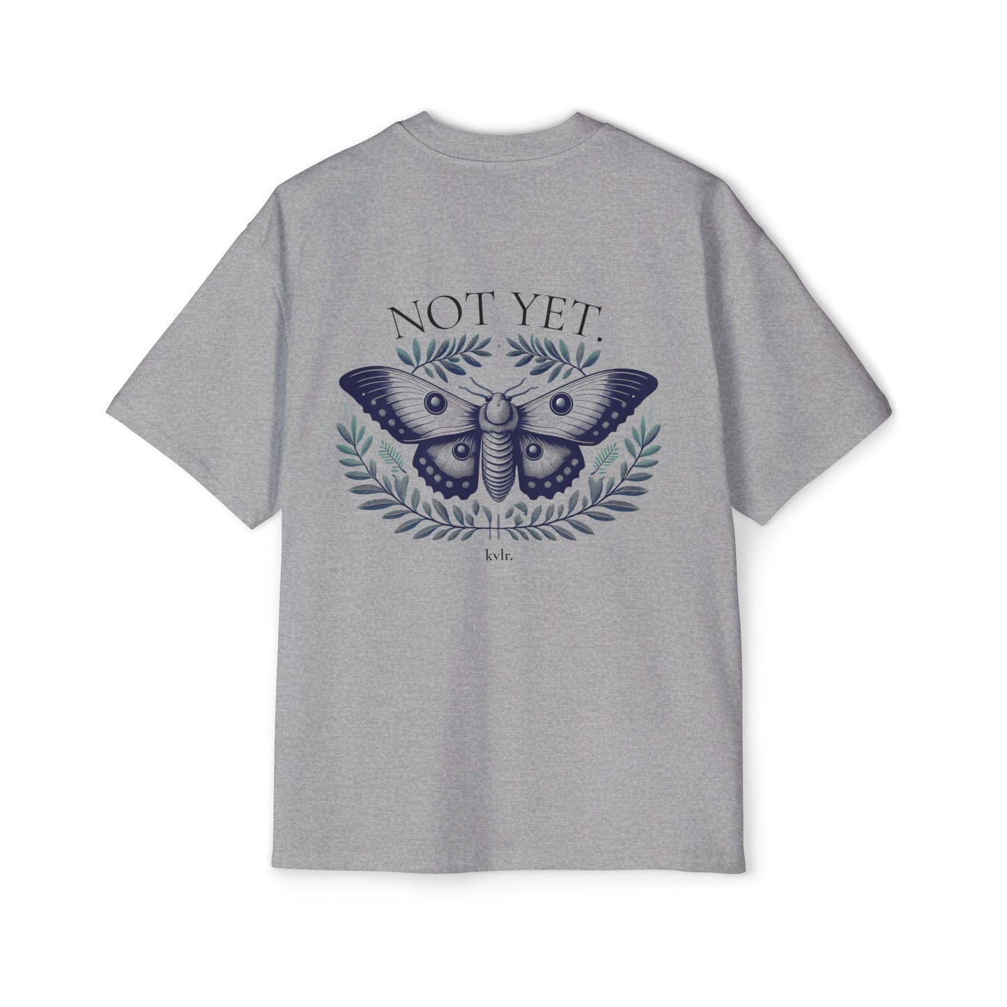 Back graphic detail: engraved moth framed by olive branches with NOT YET — The Gap tee KVLR Collective Drop 001