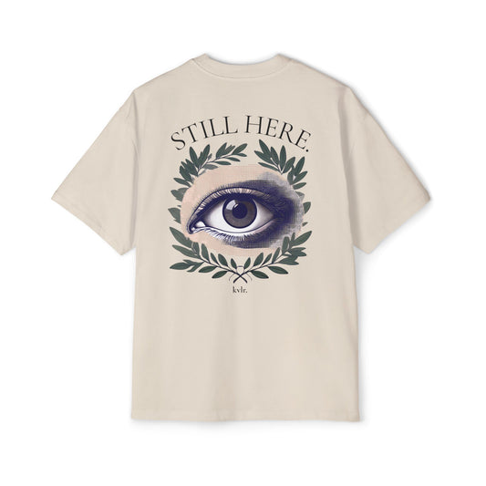 KVLR Collective The Observer tee in ecru, halftone eye and olive branch back print with STILL HERE text — Drop 001 unisex oversized boxy tee