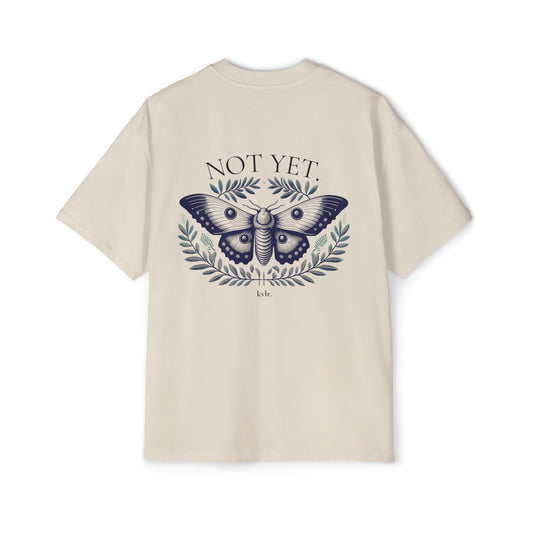KVLR Collective The Gap tee with engraved moth back print and NOT YET text — Drop 001 unisex oversized boxy tee