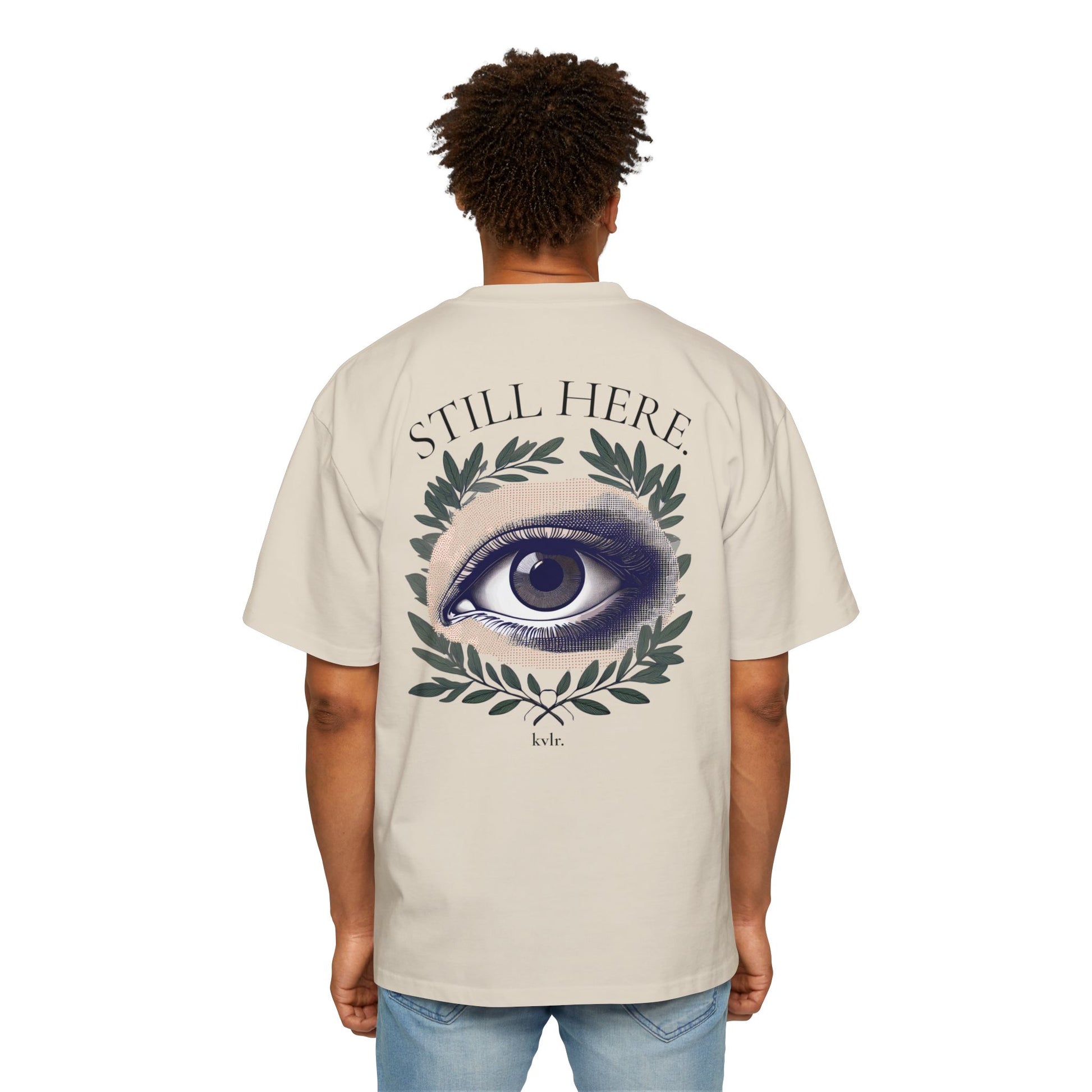 Front view of ecru oversized boxy tee with kvlr. chest logo — The Observer KVLR Collective Drop 001